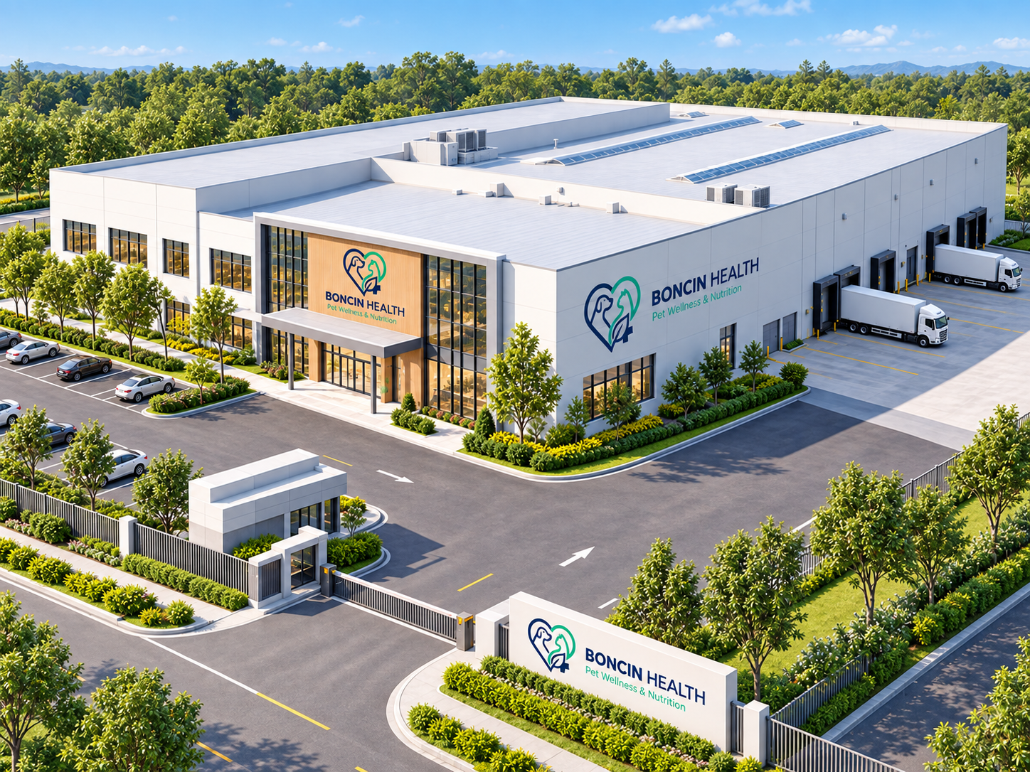 Aerial illustration of the Boncin Health factory with branded facade, loading bays and landscaped entrance