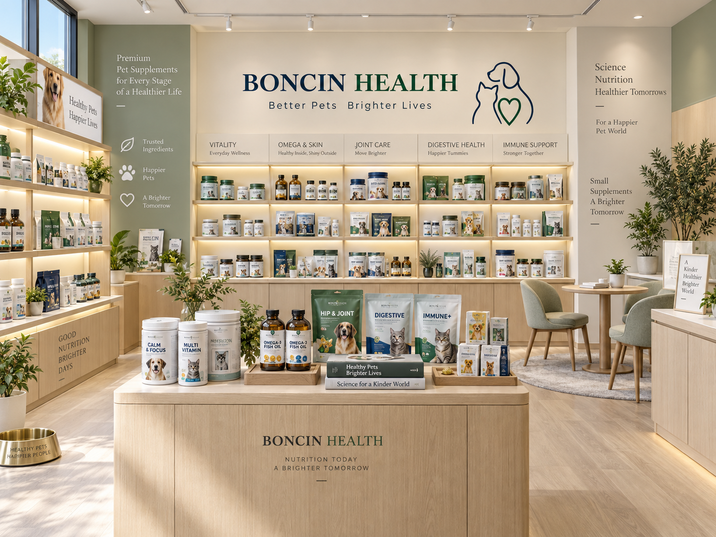 Boncin Health pet supplement showroom design illustration