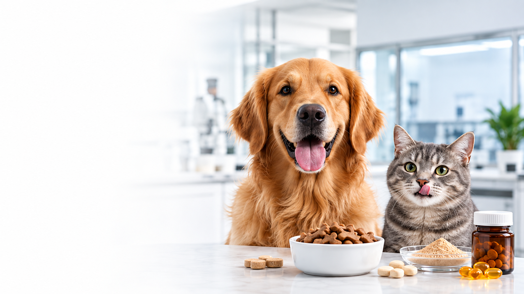 Golden retriever and tabby cat with pet supplement chews, powders and softgels in a bright laboratory