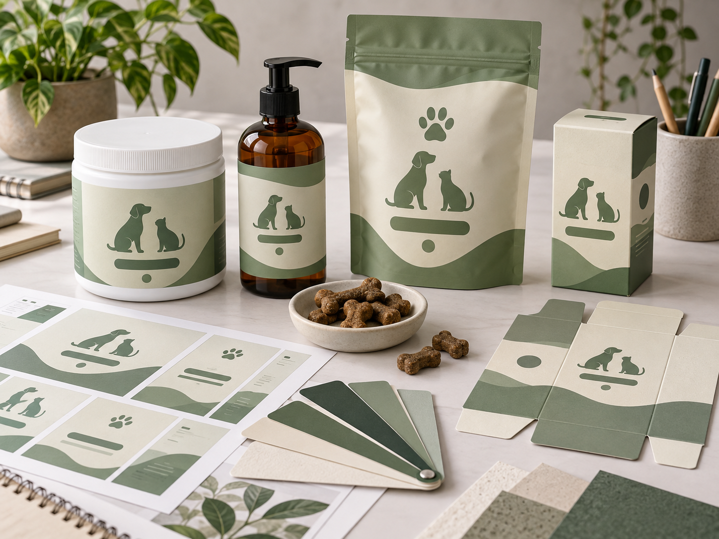 Custom pet supplement bottles, refill pouch and carton with label proofs, color swatches and packaging dielines