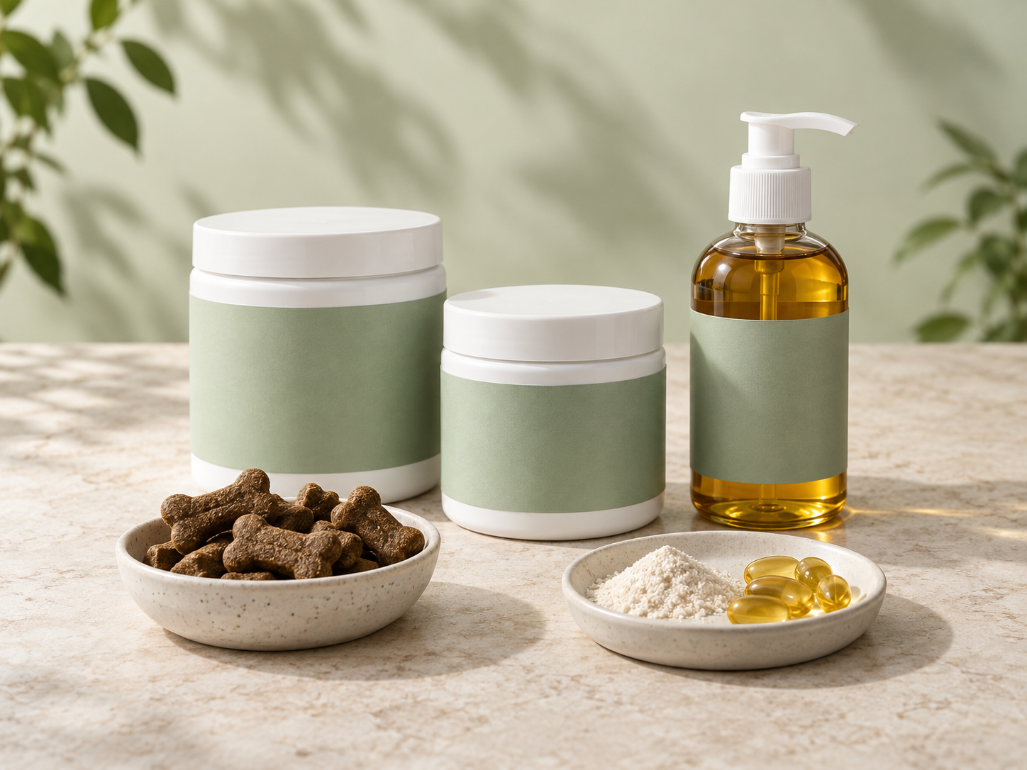 Private label pet supplement jars, fish oil, soft chews and nutritional powder